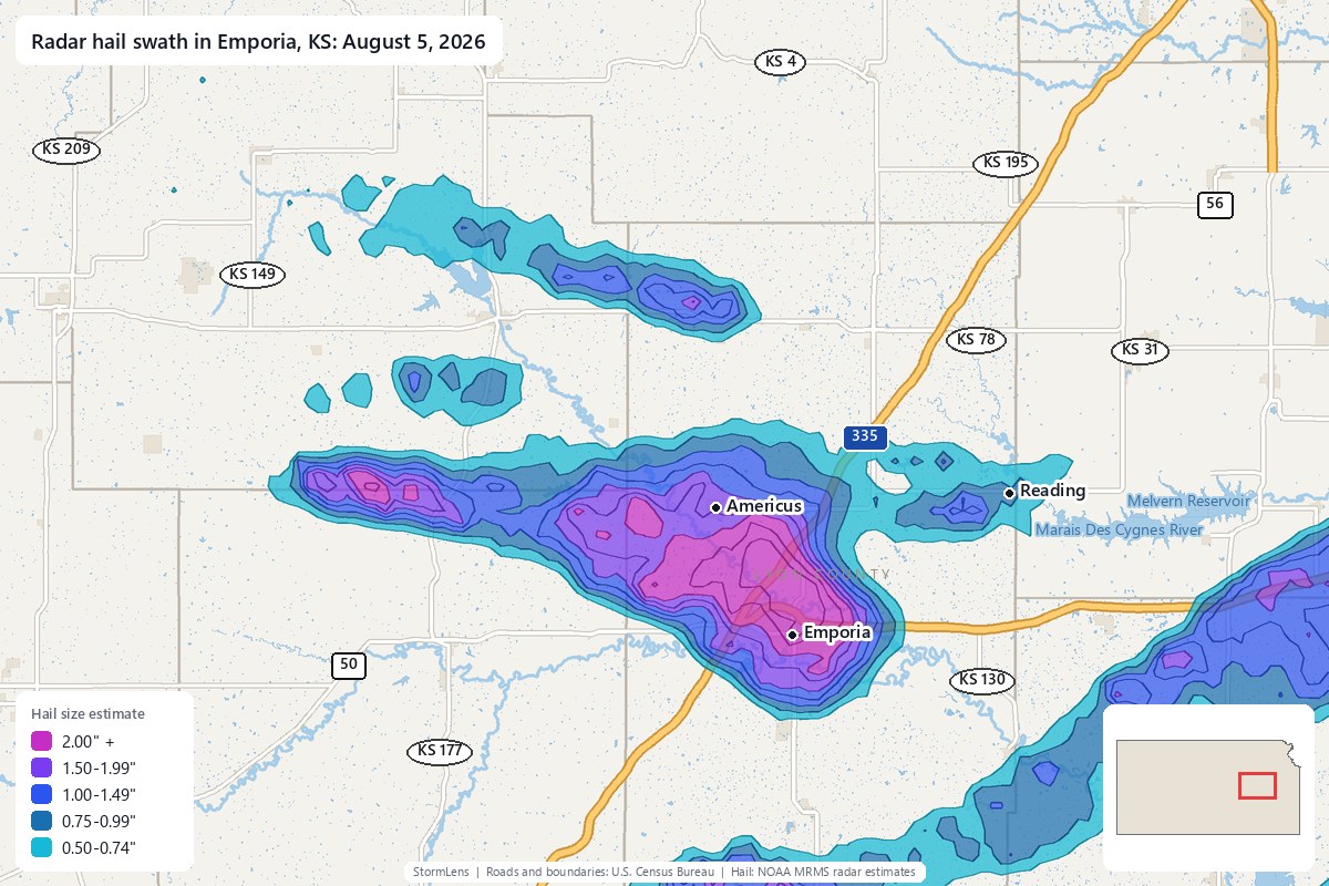 Radar-estimated hail swath in Emporia, KS on August 5, 2026; colors show estimated hail sizes
