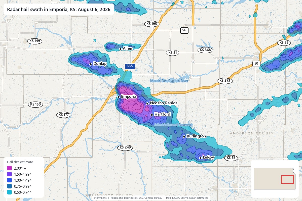 Radar-estimated hail swath in Emporia, KS on August 6, 2026; colors show estimated hail sizes