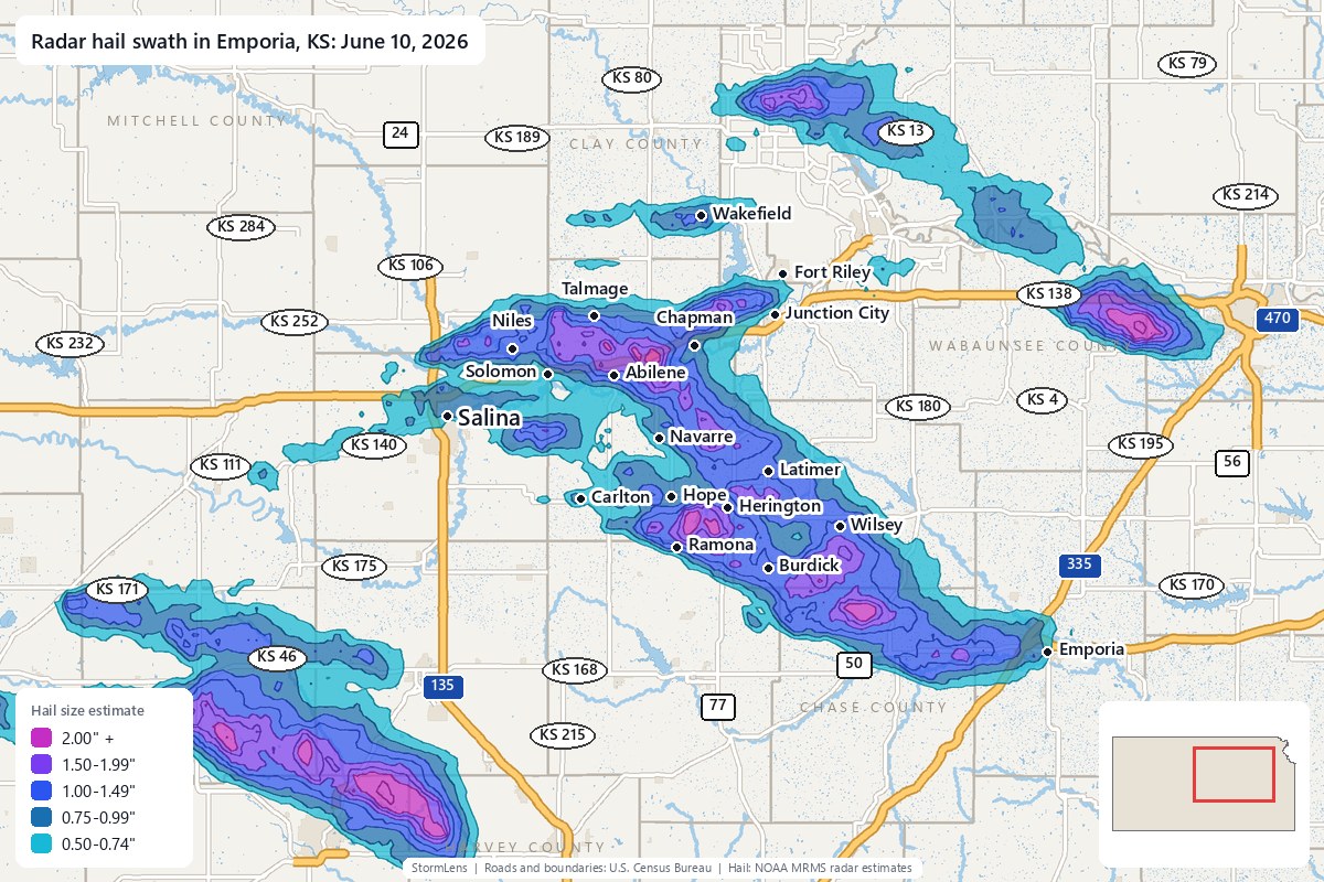 Radar-estimated hail swath in Emporia, KS on June 10, 2026; colors show estimated hail sizes