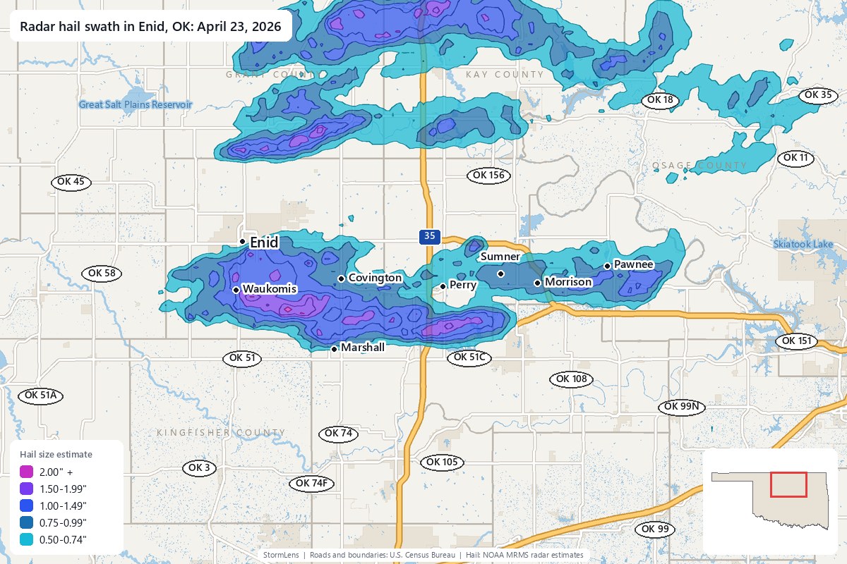Radar-estimated hail swath in Enid, OK on April 23, 2026; colors show estimated hail sizes