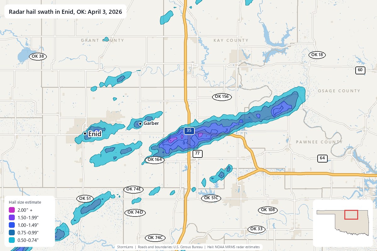 Radar-estimated hail swath in Enid, OK on April 3, 2026; colors show estimated hail sizes