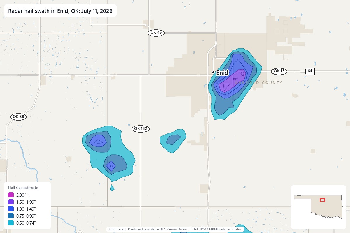 Radar-estimated hail swath in Enid, OK on July 11, 2026; colors show estimated hail sizes