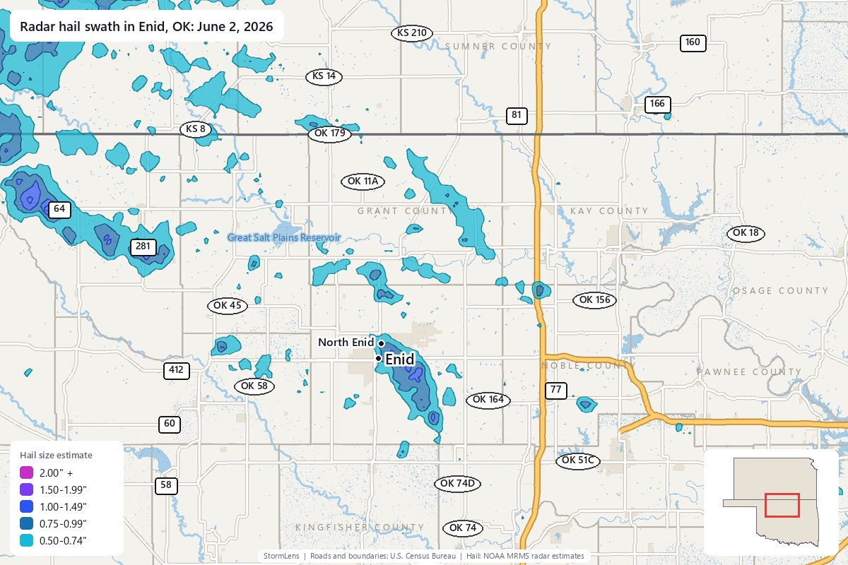 Radar-estimated hail swath in Enid, OK on June 2, 2026; colors show estimated hail sizes