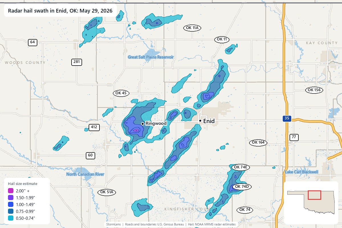 Radar-estimated hail swath in Enid, OK on May 29, 2026; colors show estimated hail sizes