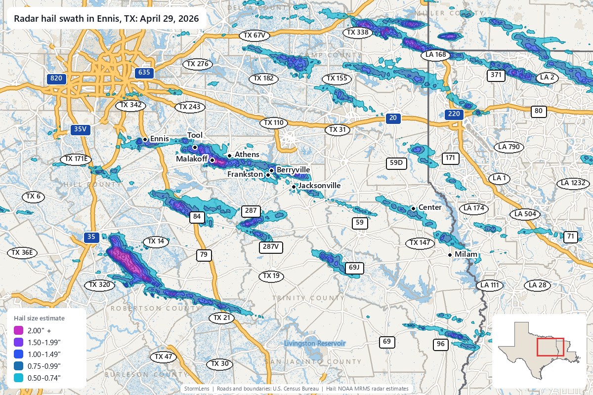 Radar-estimated hail swath in Ennis, TX on April 29, 2026; colors show estimated hail sizes