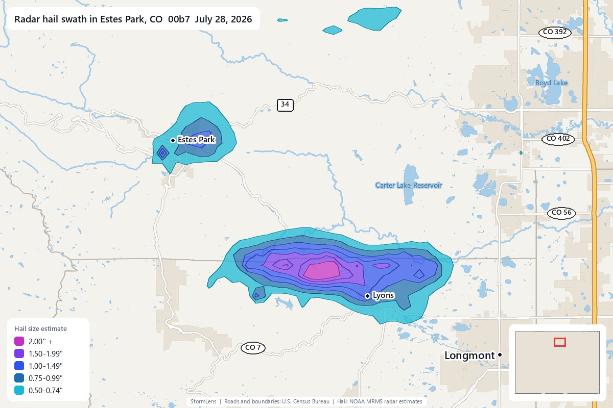 Radar-estimated hail swath in Estes Park, CO on July 28, 2026; colors show estimated hail sizes