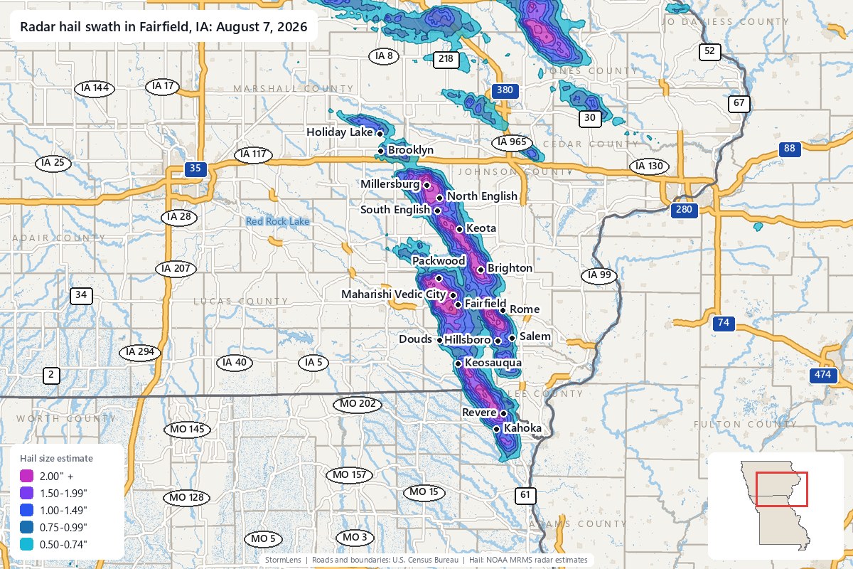 Radar-estimated hail swath in Fairfield, IA on August 7, 2026; colors show estimated hail sizes