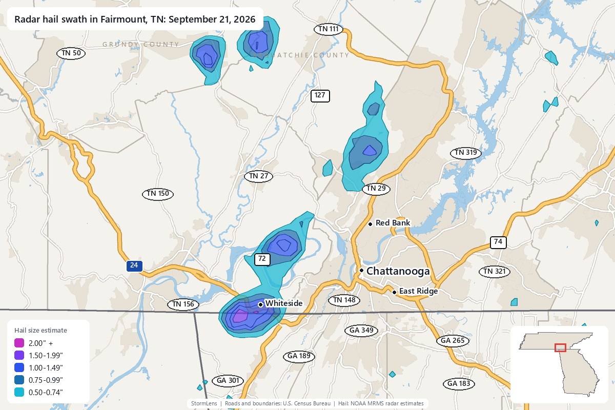 Radar-estimated hail swath in Fairmount, TN on September 21, 2026; colors show estimated hail sizes