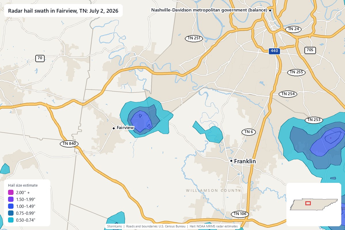 Radar-estimated hail swath in Fairview, TN on July 2, 2026; colors show estimated hail sizes