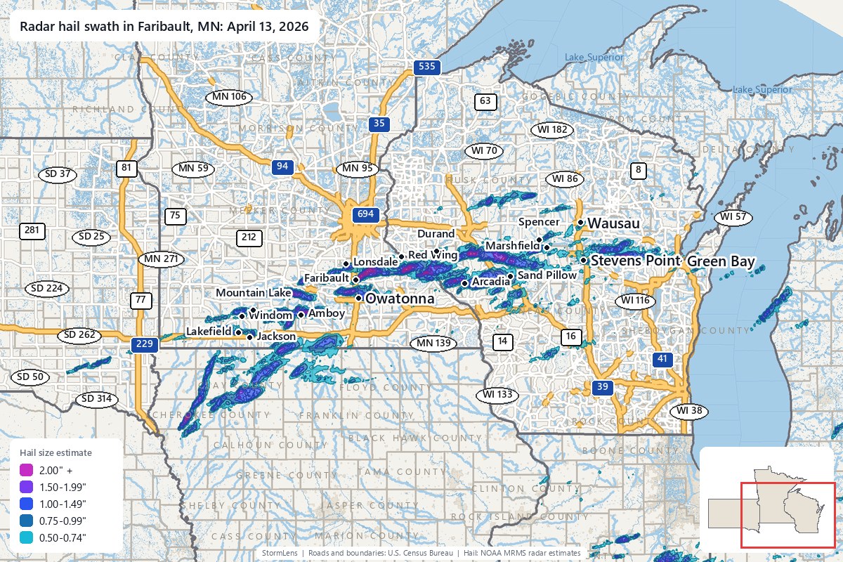Radar-estimated hail swath in Faribault, MN on April 13, 2026; colors show estimated hail sizes