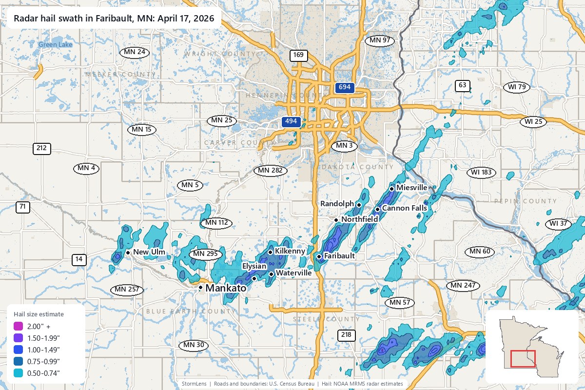 Radar-estimated hail swath in Faribault, MN on April 17, 2026; colors show estimated hail sizes