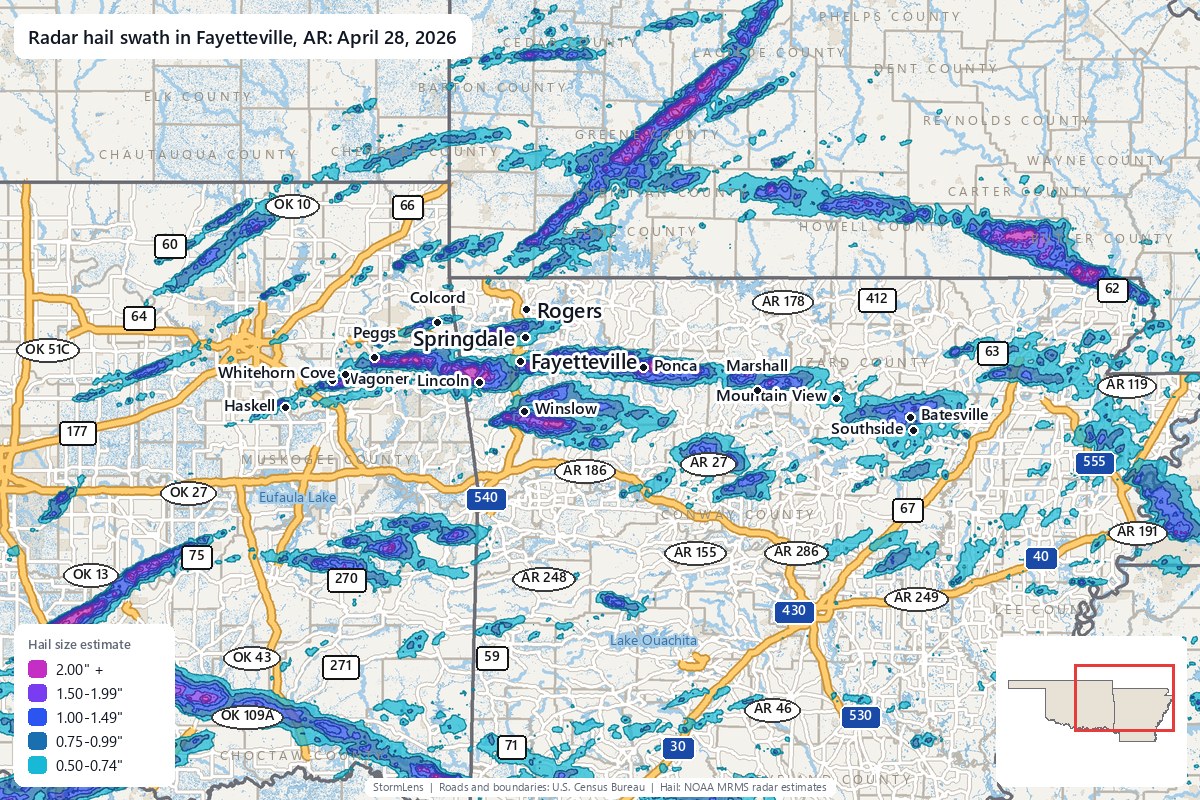 Radar-estimated hail swath in Fayetteville, AR on April 28, 2026; colors show estimated hail sizes