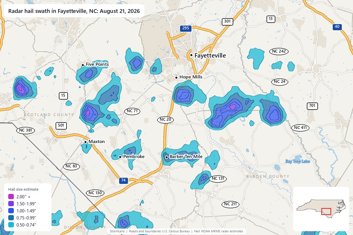Radar-estimated hail swath in Fayetteville, NC on August 21, 2026; colors show estimated hail sizes