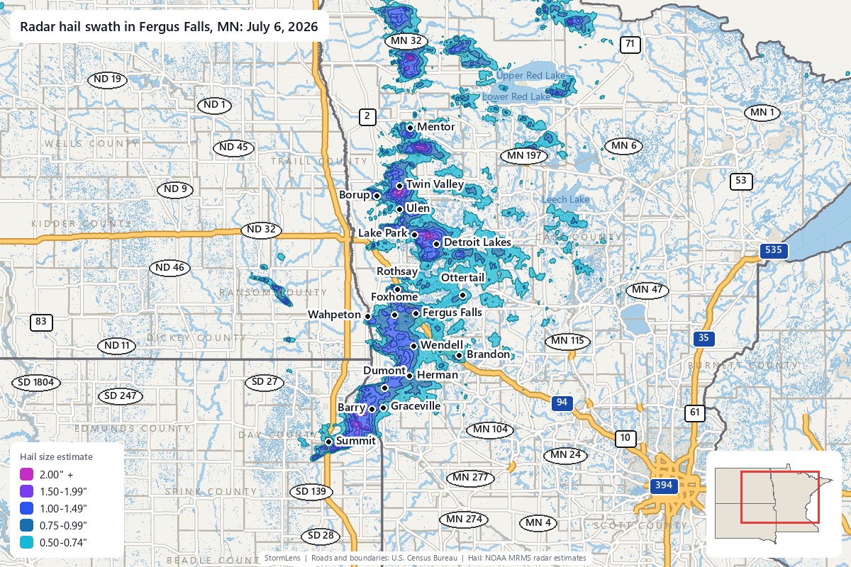 Radar-estimated hail swath in Fergus Falls, MN on July 6, 2026; colors show estimated hail sizes