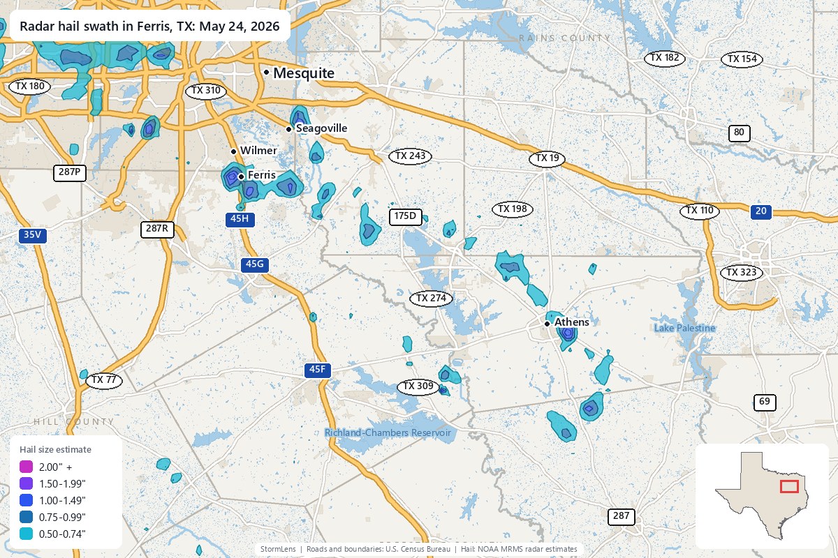 Radar-estimated hail swath in Ferris, TX on May 24, 2026; colors show estimated hail sizes