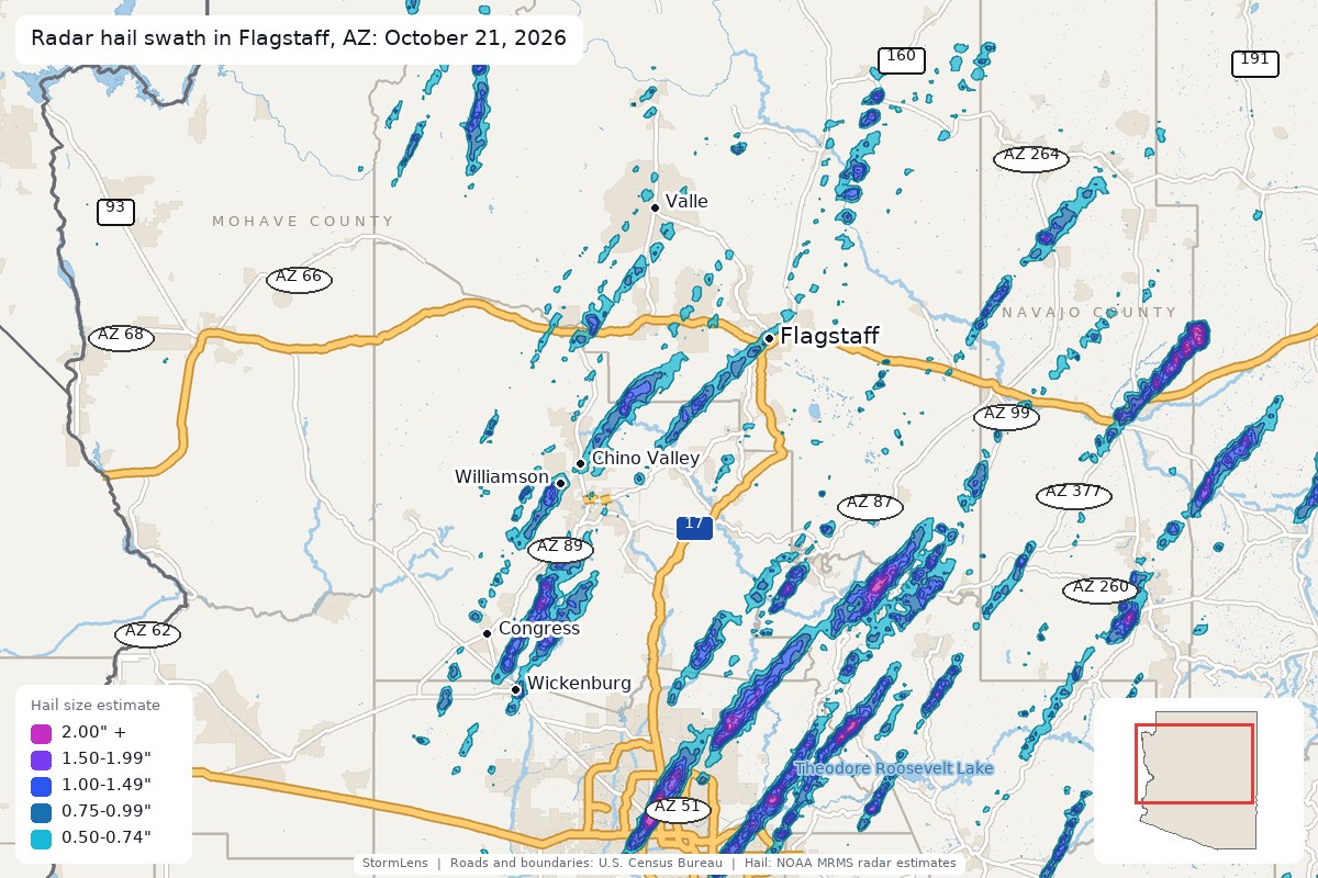 Radar-estimated hail swath in Flagstaff, AZ on October 21, 2026; colors show estimated hail sizes