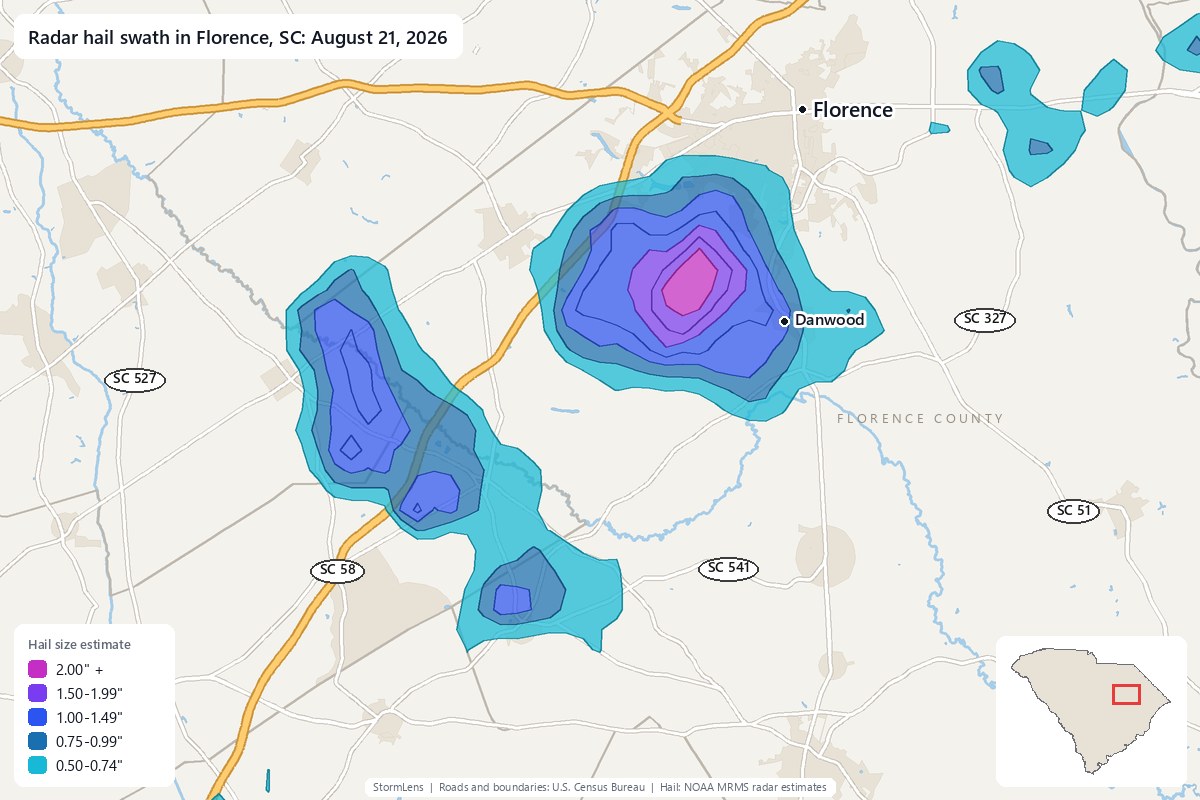 Radar-estimated hail swath in Florence, SC on August 21, 2026; colors show estimated hail sizes