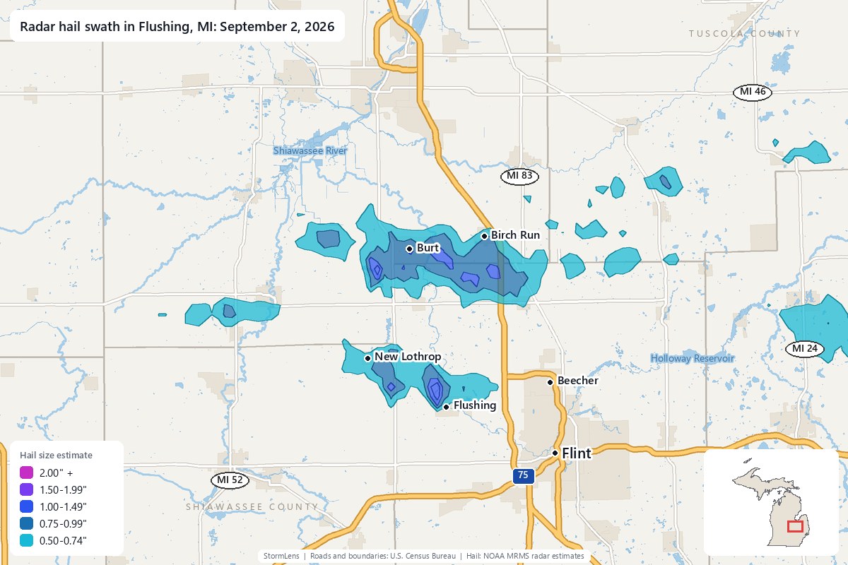 Radar-estimated hail swath in Flushing, MI on September 2, 2026; colors show estimated hail sizes