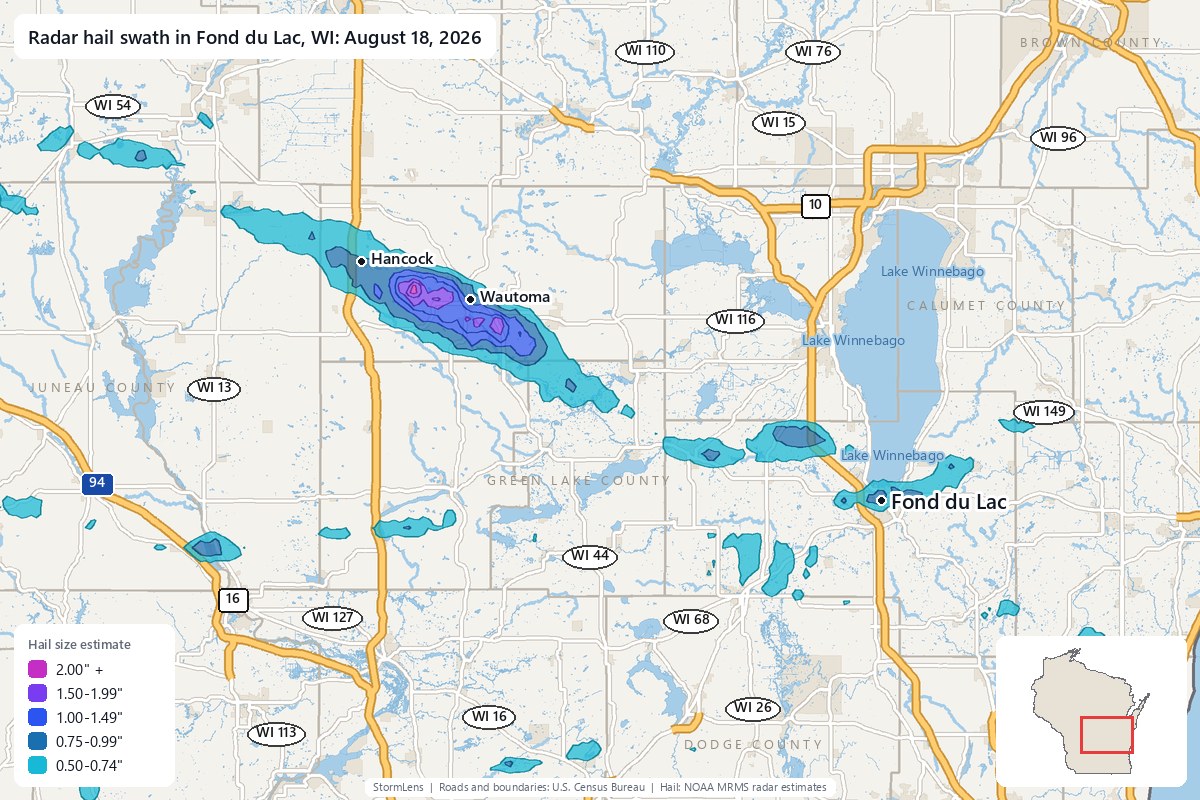 Radar-estimated hail swath in Fond du Lac, WI on August 18, 2026; colors show estimated hail sizes