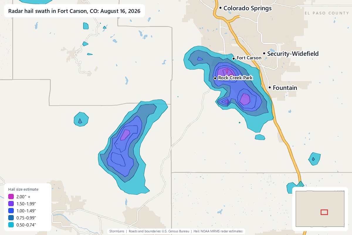 Radar-estimated hail swath in Fort Carson, CO on August 16, 2026; colors show estimated hail sizes