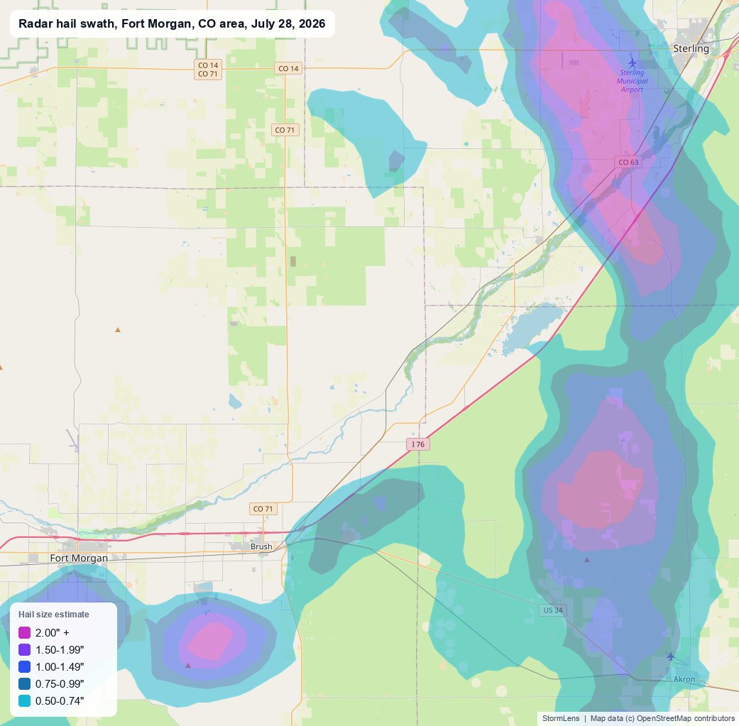 Radar-estimated hail swath near Fort Morgan, CO on July 28, 2026; colors show estimated hail sizes