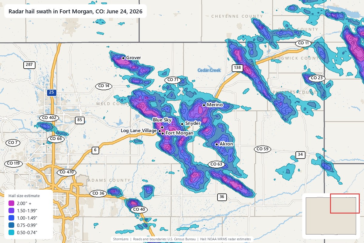 Radar-estimated hail swath in Fort Morgan, CO on June 24, 2026; colors show estimated hail sizes