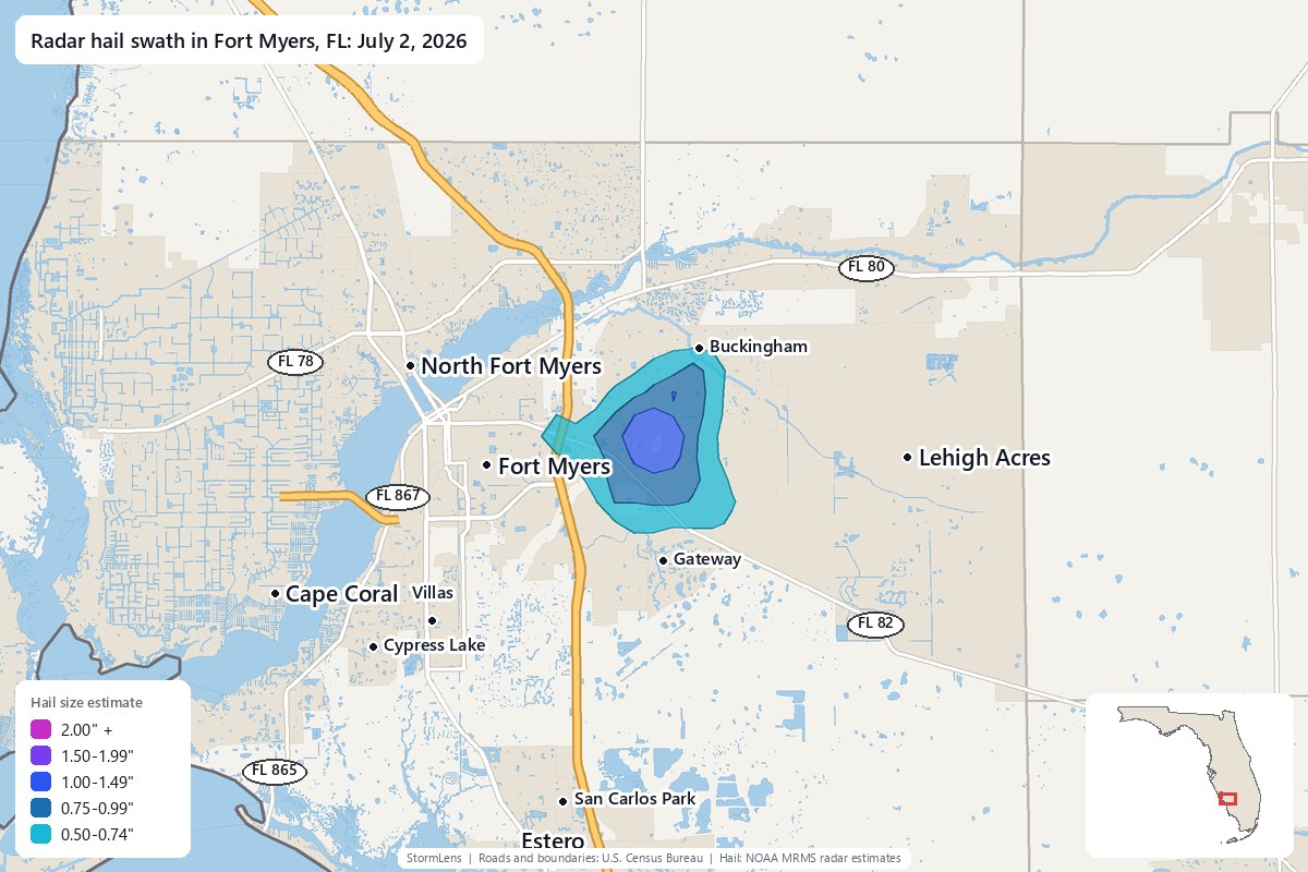 Radar-estimated hail swath in Fort Myers, FL on July 2, 2026; colors show estimated hail sizes