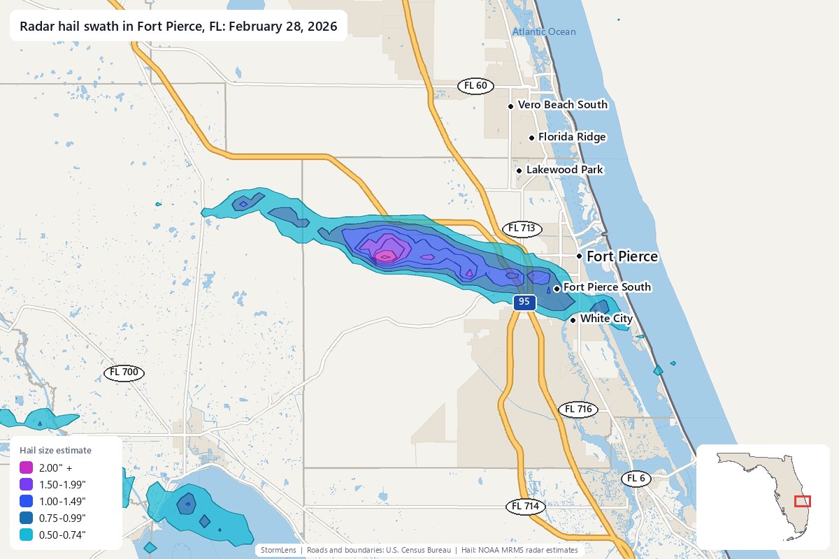Radar-estimated hail swath in Fort Pierce, FL on February 28, 2026; colors show estimated hail sizes