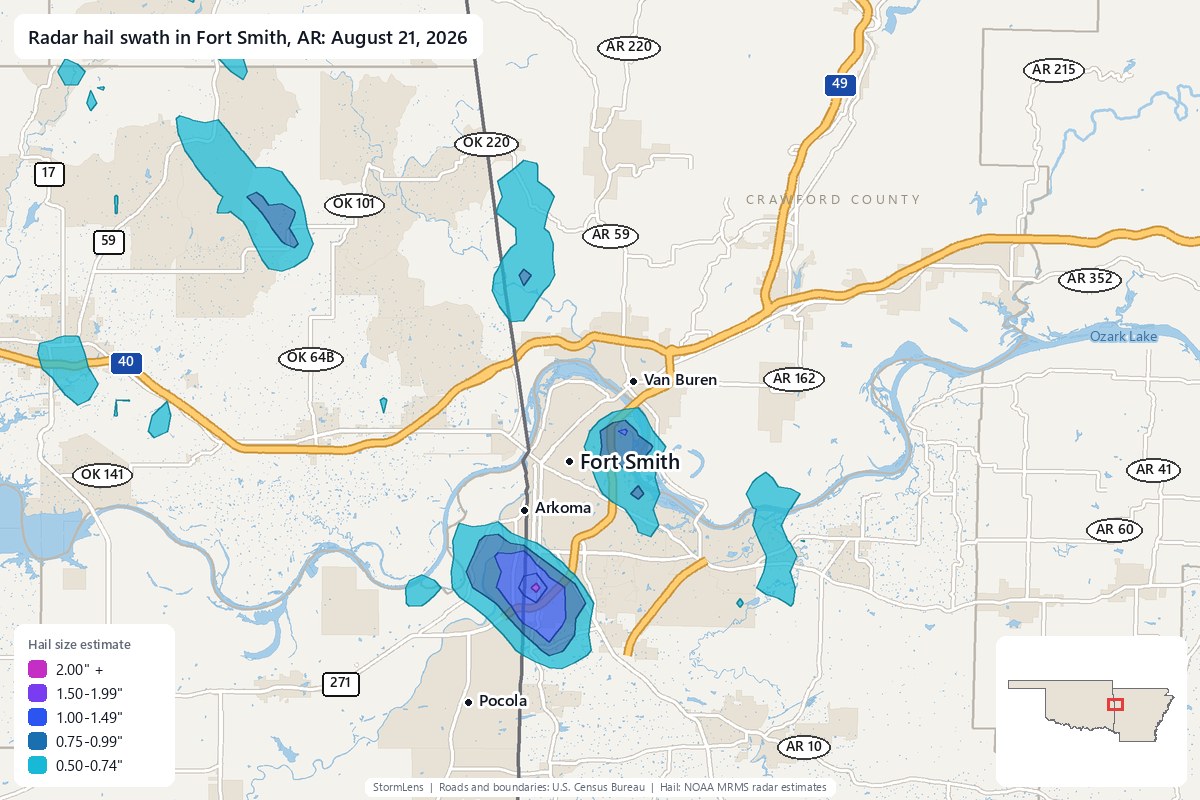 Radar-estimated hail swath in Fort Smith, AR on August 21, 2026; colors show estimated hail sizes