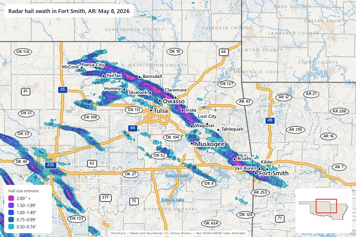 Radar-estimated hail swath in Fort Smith, AR on May 8, 2026; colors show estimated hail sizes