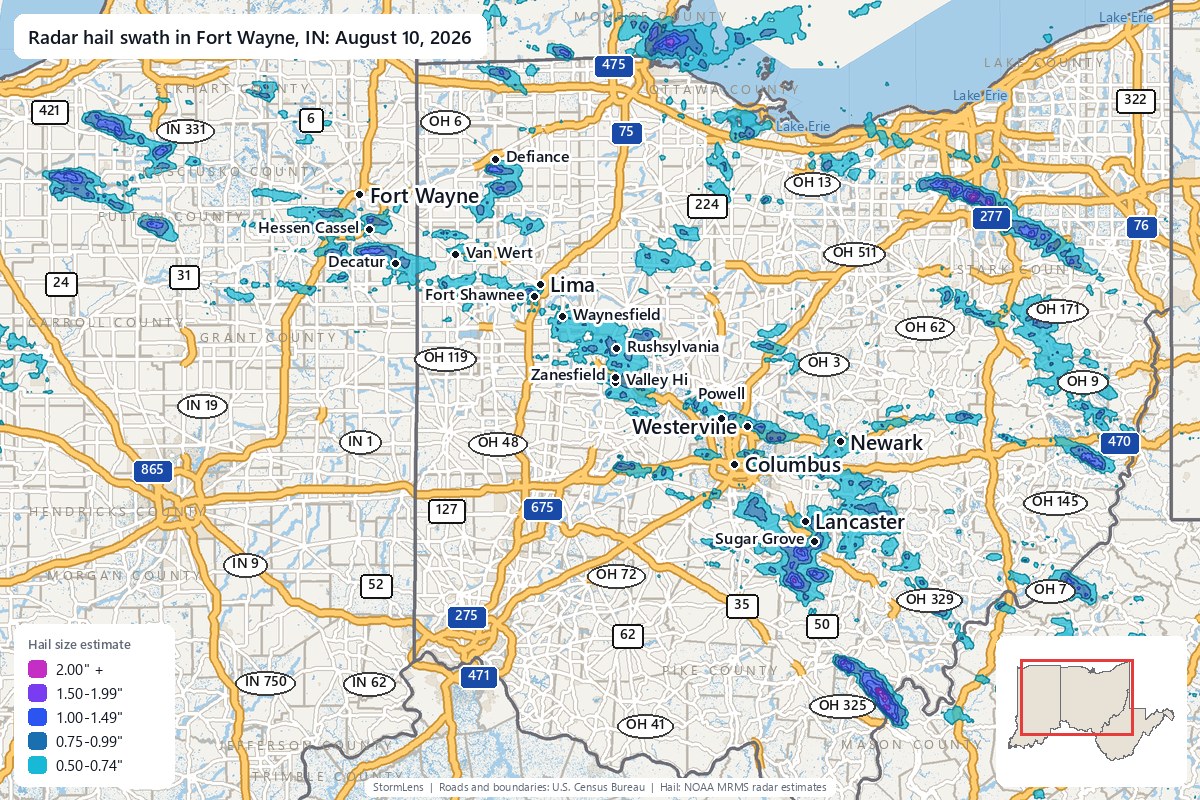 Radar-estimated hail swath in Fort Wayne, IN on August 10, 2026; colors show estimated hail sizes