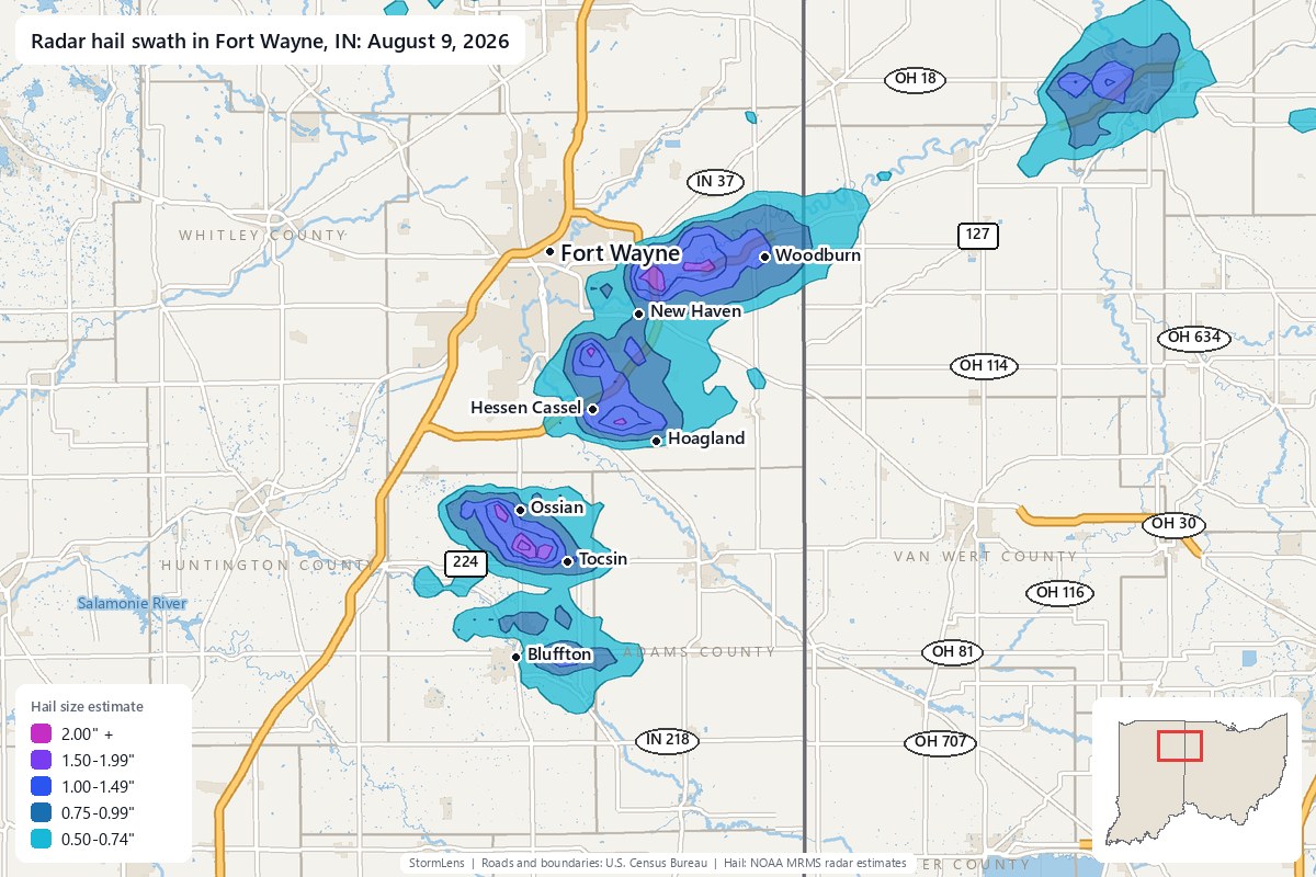 Radar-estimated hail swath in Fort Wayne, IN on August 9, 2026; colors show estimated hail sizes