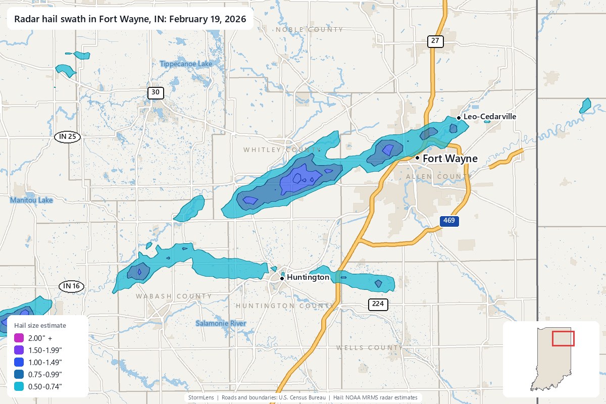 Radar-estimated hail swath in Fort Wayne, IN on February 19, 2026; colors show estimated hail sizes