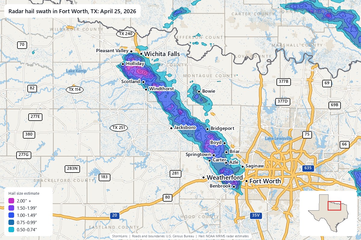 Radar-estimated hail swath in Fort Worth, TX on April 25, 2026; colors show estimated hail sizes
