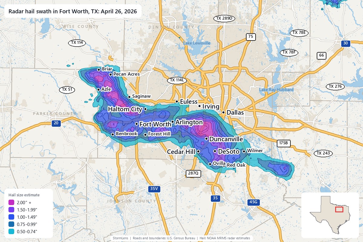 Radar-estimated hail swath in Fort Worth, TX on April 26, 2026; colors show estimated hail sizes