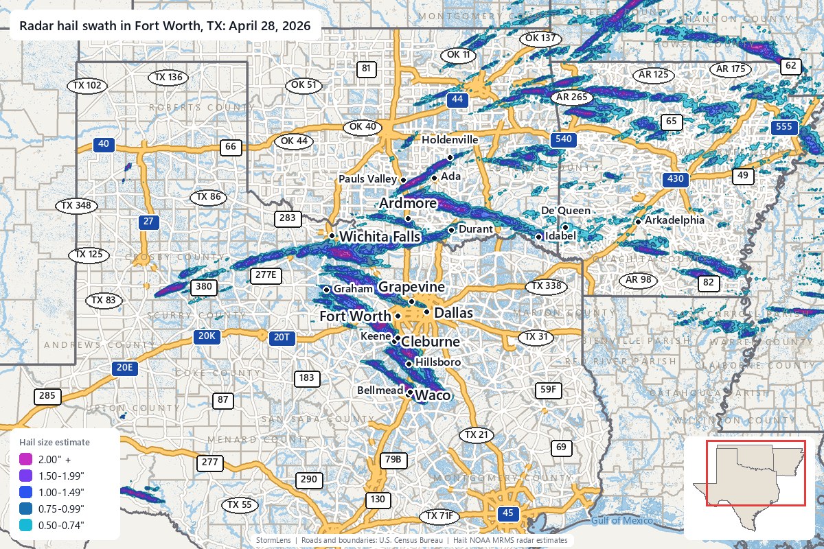 Radar-estimated hail swath in Fort Worth, TX on April 28, 2026; colors show estimated hail sizes