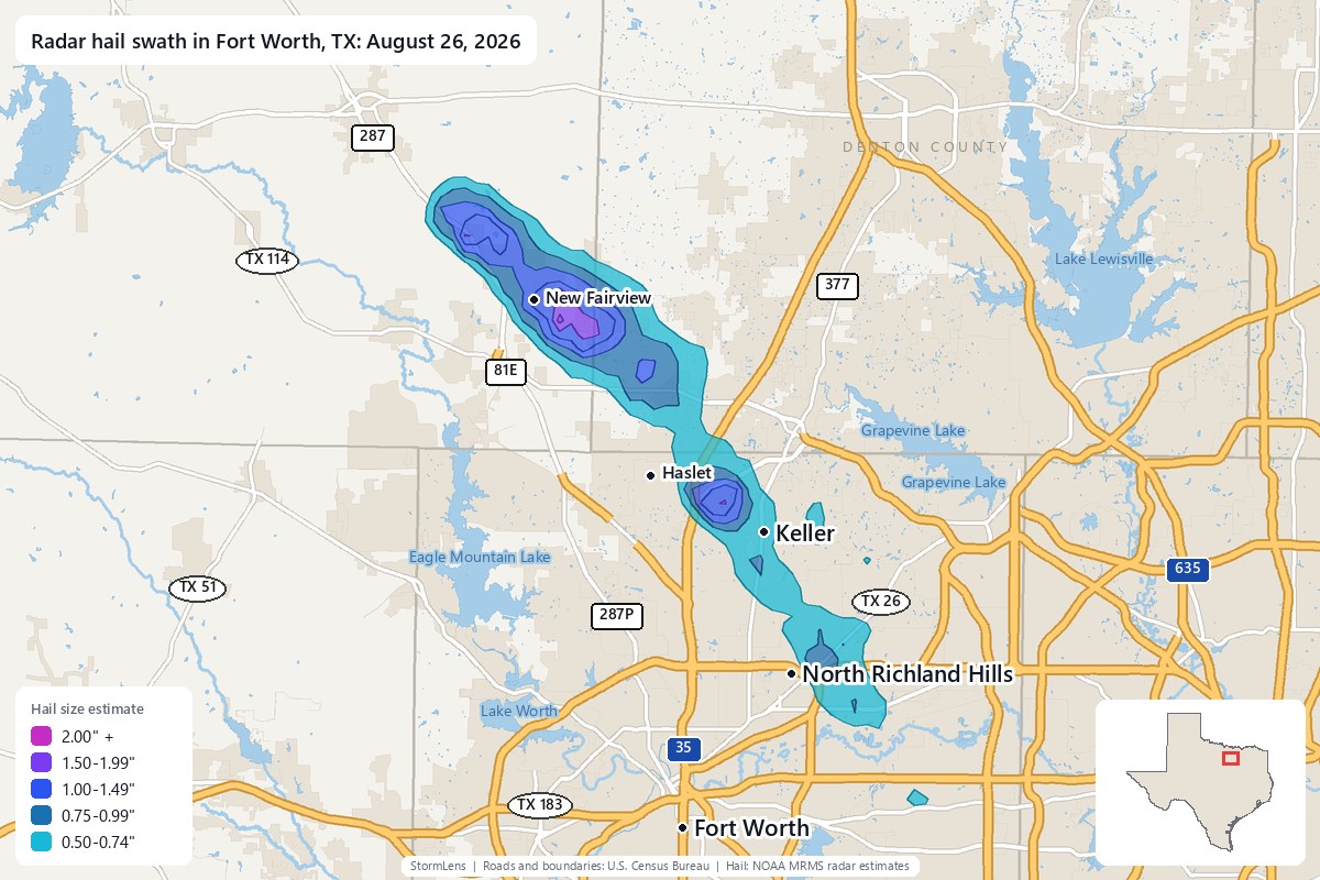 Radar-estimated hail swath in Fort Worth, TX on August 26, 2026; colors show estimated hail sizes