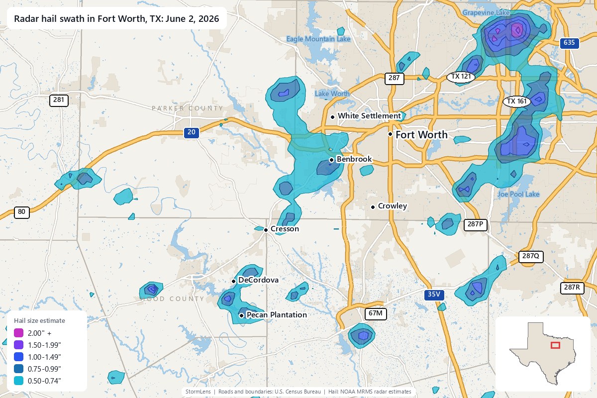 Radar-estimated hail swath in Fort Worth, TX on June 2, 2026; colors show estimated hail sizes