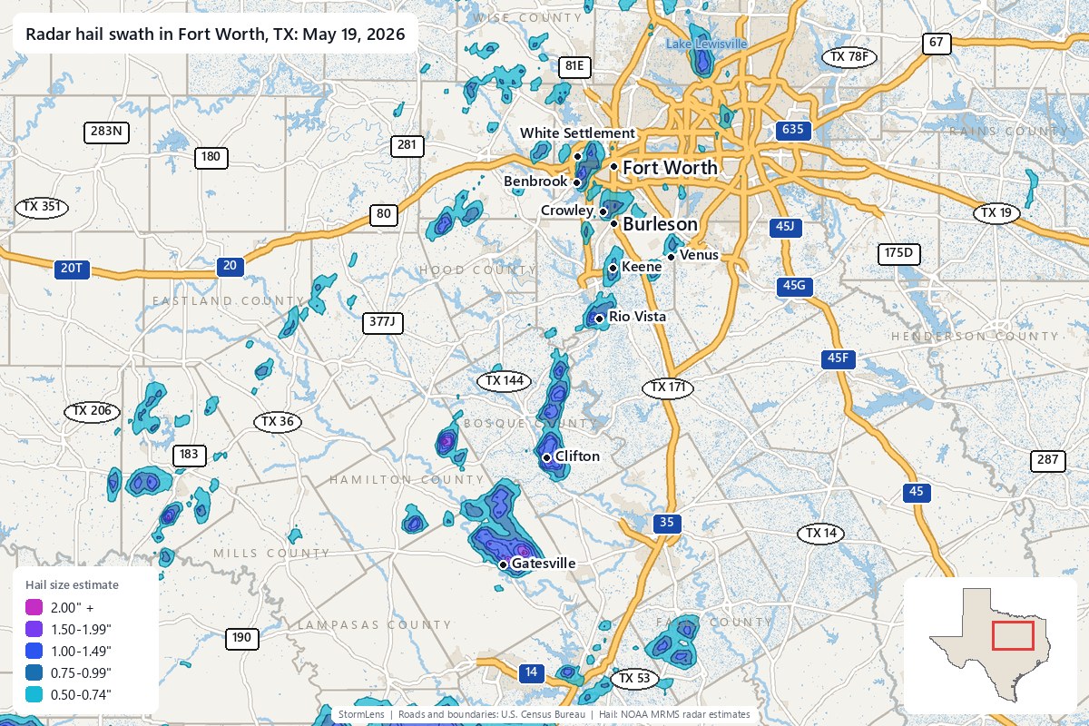 Radar-estimated hail swath in Fort Worth, TX on May 19, 2026; colors show estimated hail sizes