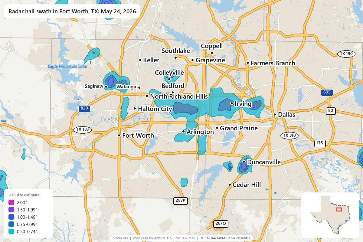 Radar-estimated hail swath in Fort Worth, TX on May 24, 2026; colors show estimated hail sizes