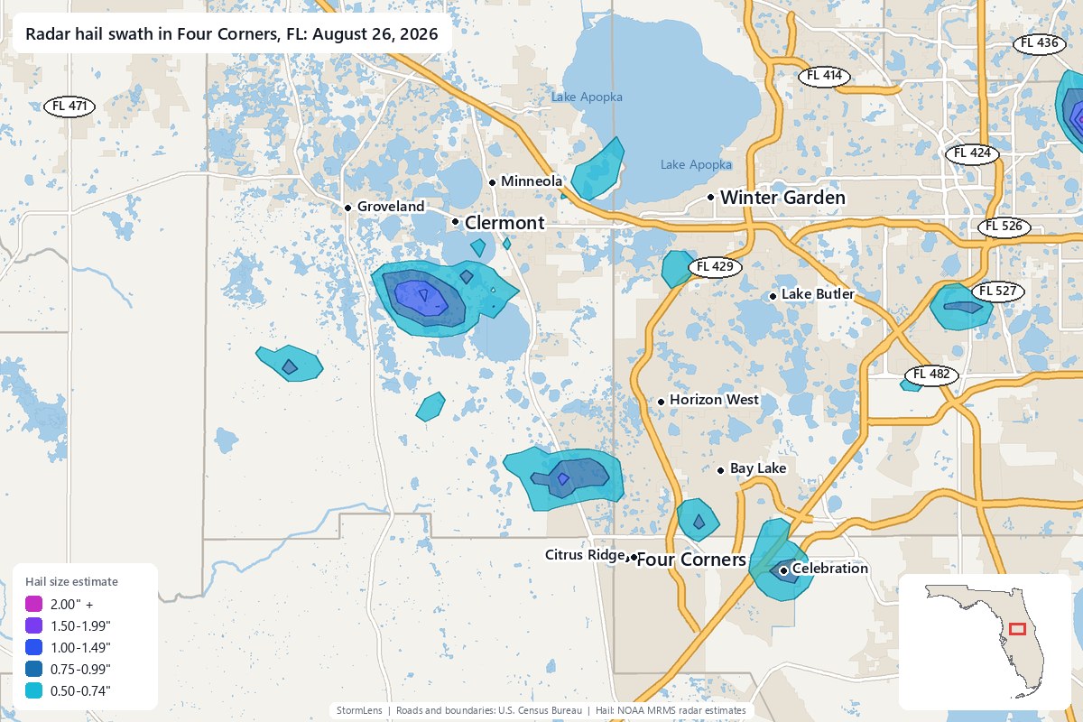 Radar-estimated hail swath in Four Corners, FL on August 26, 2026; colors show estimated hail sizes