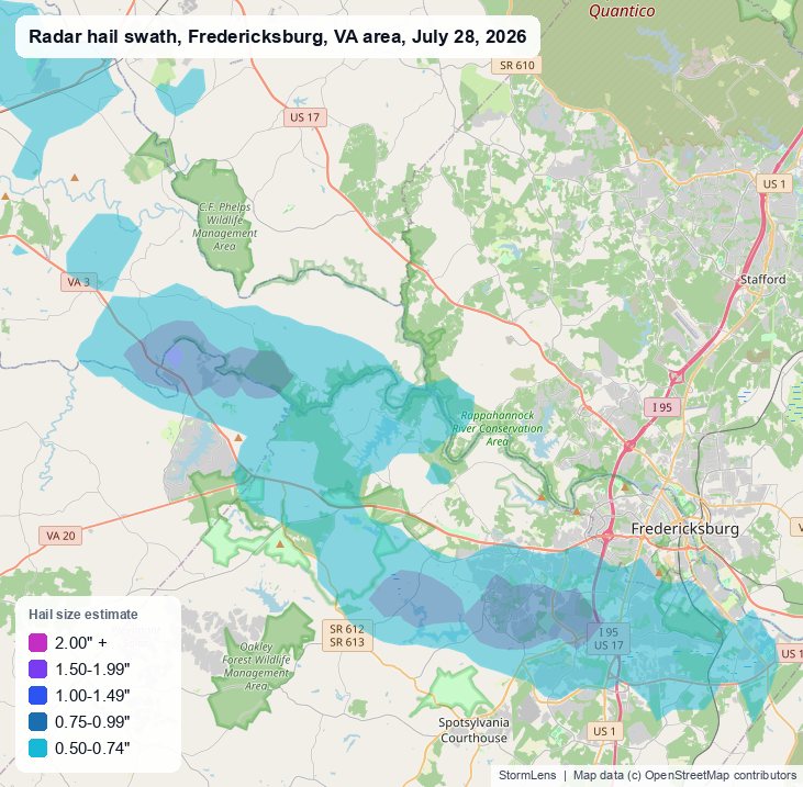 Radar-estimated hail swath near Fredericksburg, VA on July 28, 2026; colors show estimated hail sizes