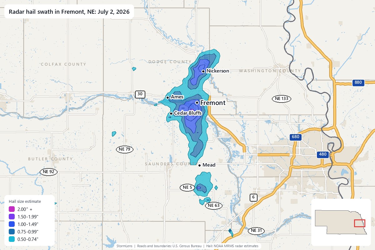 Radar-estimated hail swath in Fremont, NE on July 2, 2026; colors show estimated hail sizes