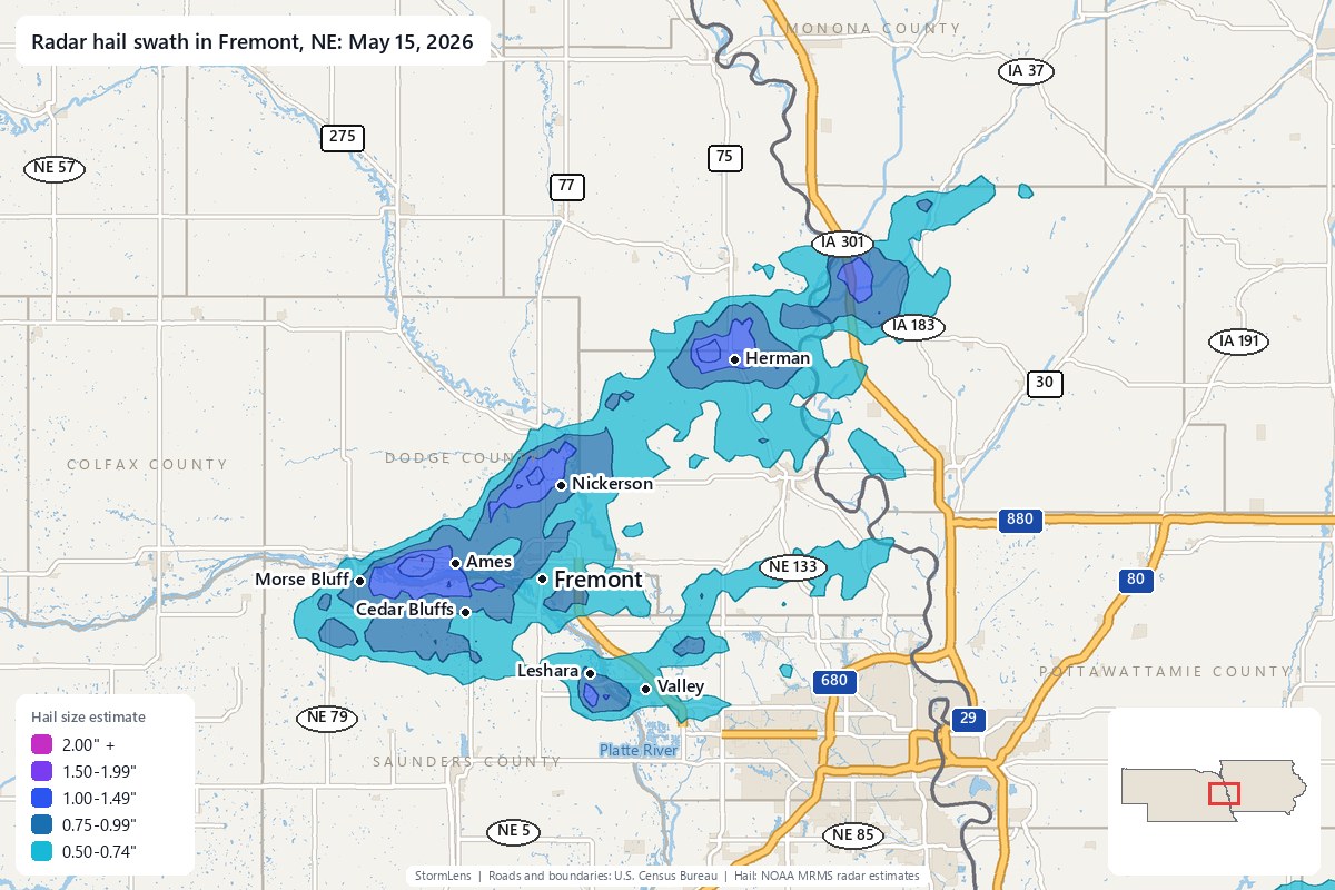 Radar-estimated hail swath in Fremont, NE on May 15, 2026; colors show estimated hail sizes