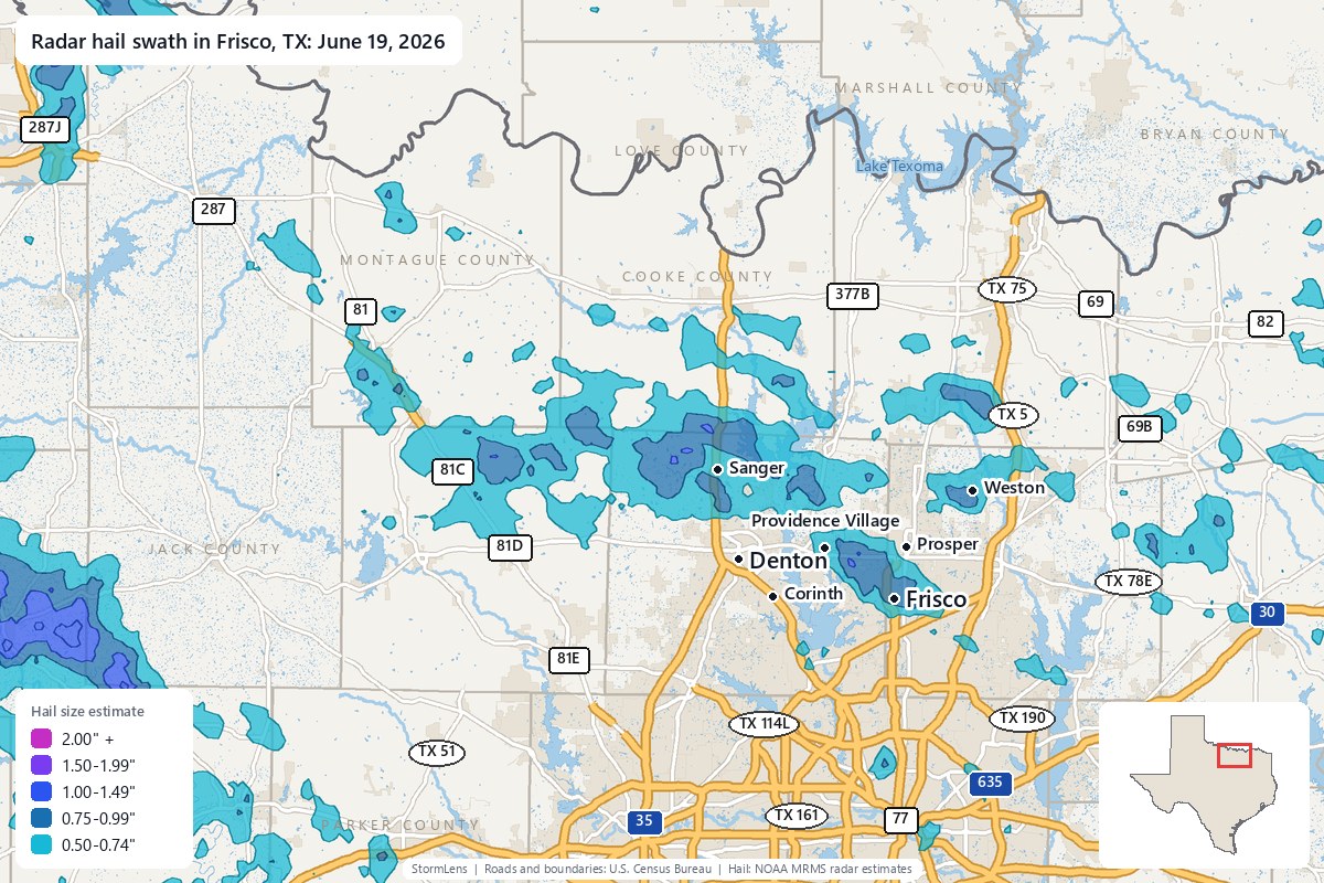 Radar-estimated hail swath in Frisco, TX on June 19, 2026; colors show estimated hail sizes