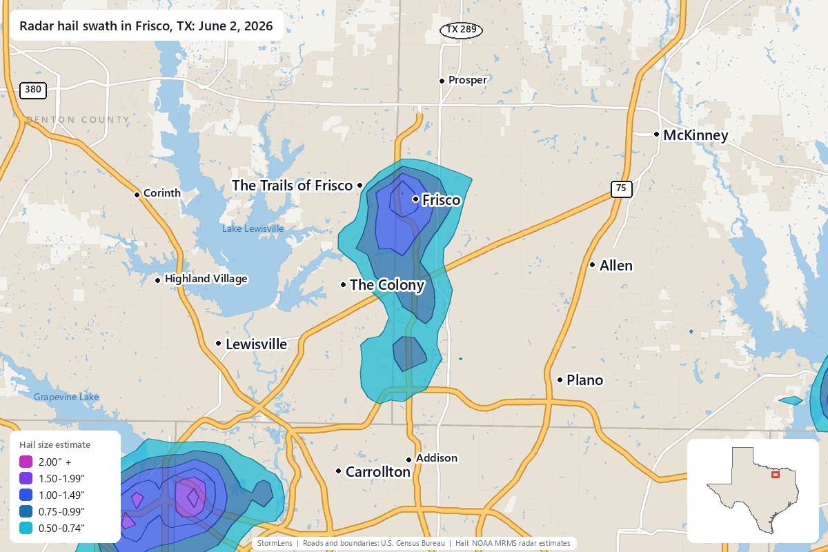 Radar-estimated hail swath in Frisco, TX on June 2, 2026; colors show estimated hail sizes