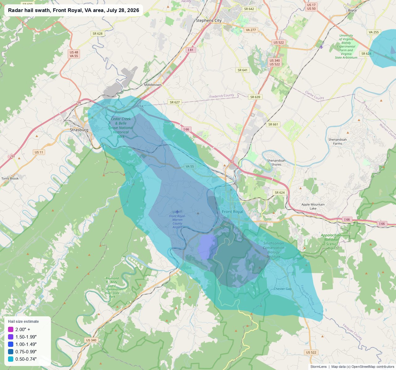 Radar-estimated hail swath near Front Royal, VA on July 28, 2026; colors show estimated hail sizes