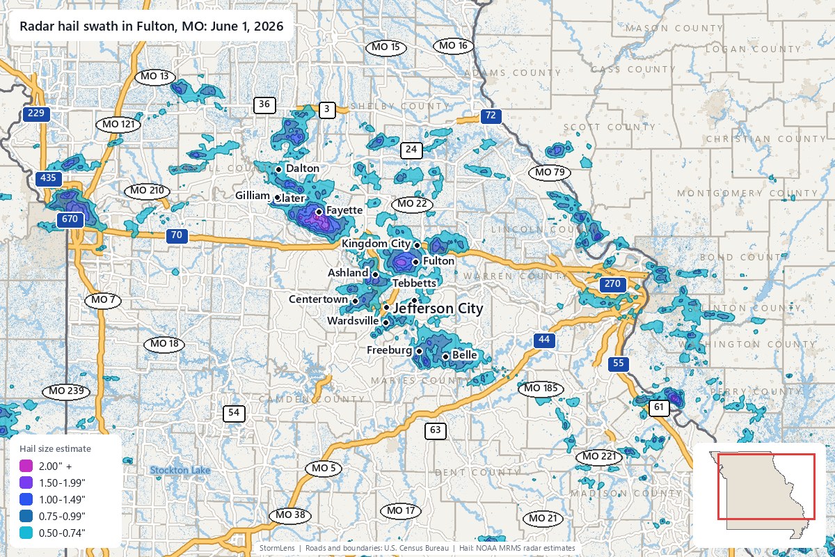 Radar-estimated hail swath in Fulton, MO on June 1, 2026; colors show estimated hail sizes