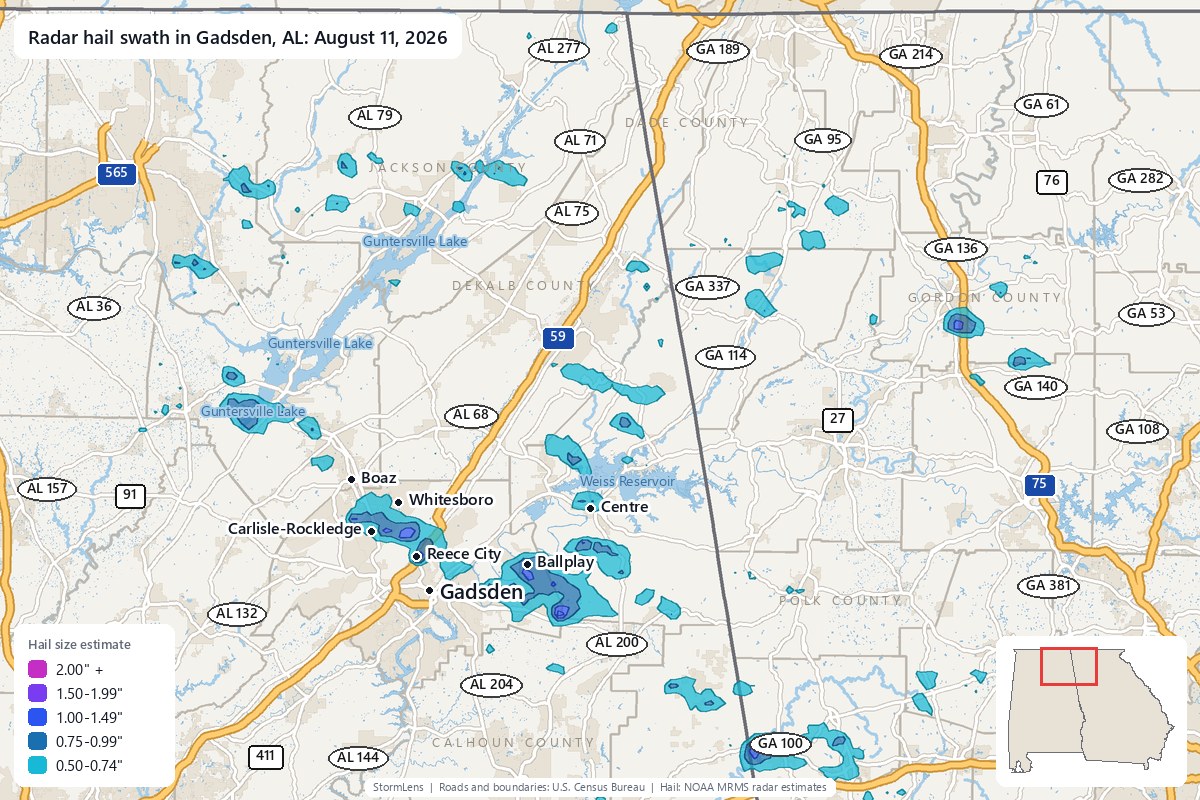 Radar-estimated hail swath in Gadsden, AL on August 11, 2026; colors show estimated hail sizes