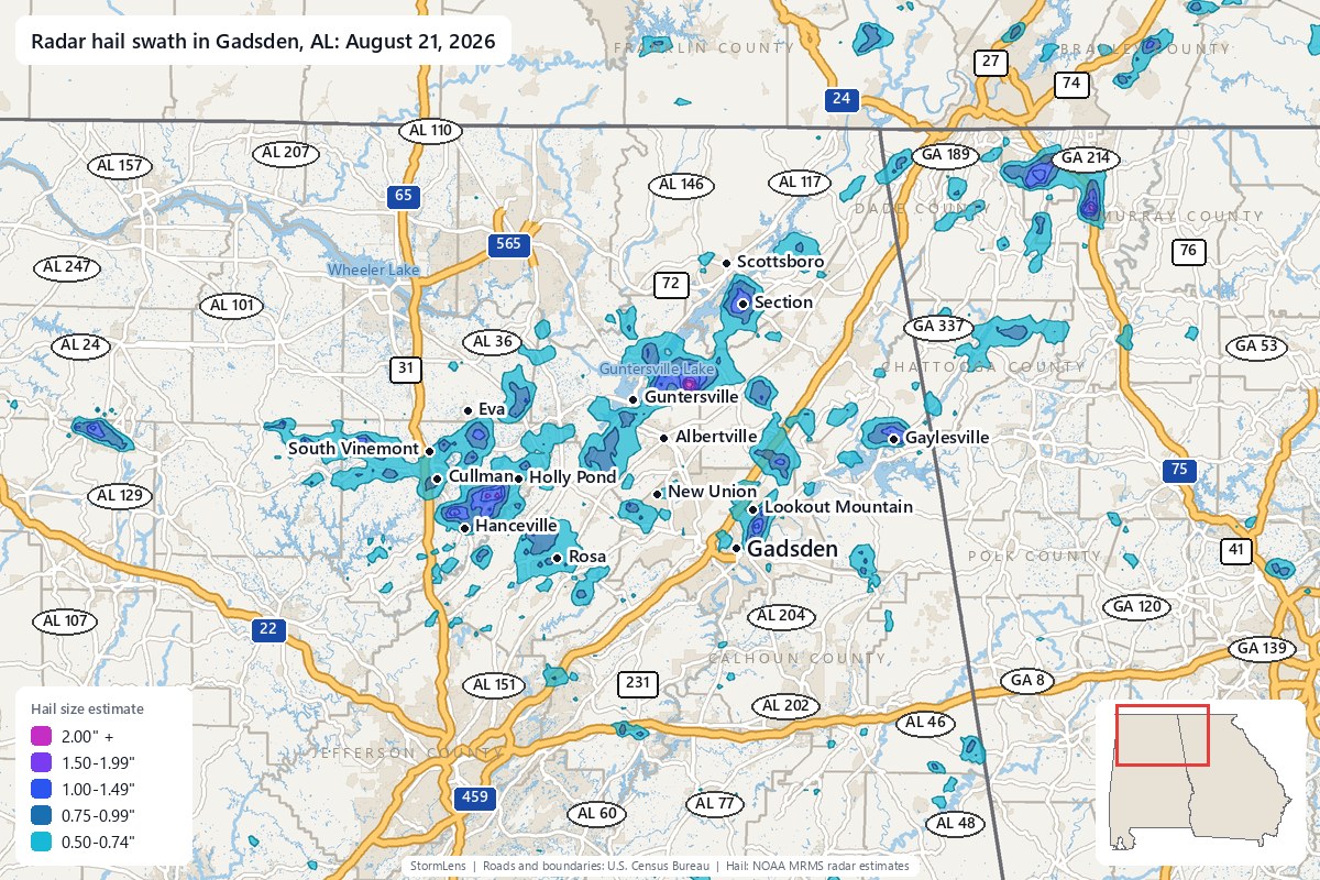 Radar-estimated hail swath in Gadsden, AL on August 21, 2026; colors show estimated hail sizes